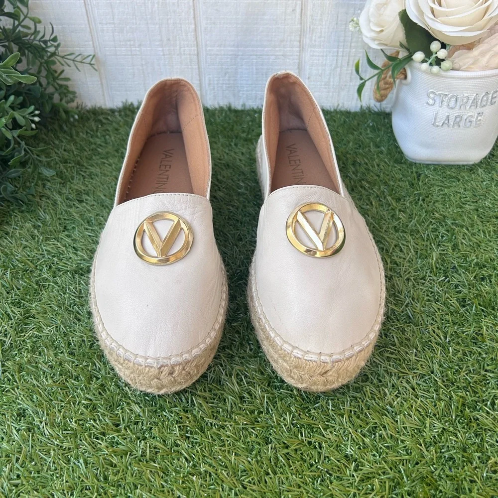 VALENTINO Jessica Espadrille Loafer Leather  Slip-Ons with Gold Emblem Cream 7